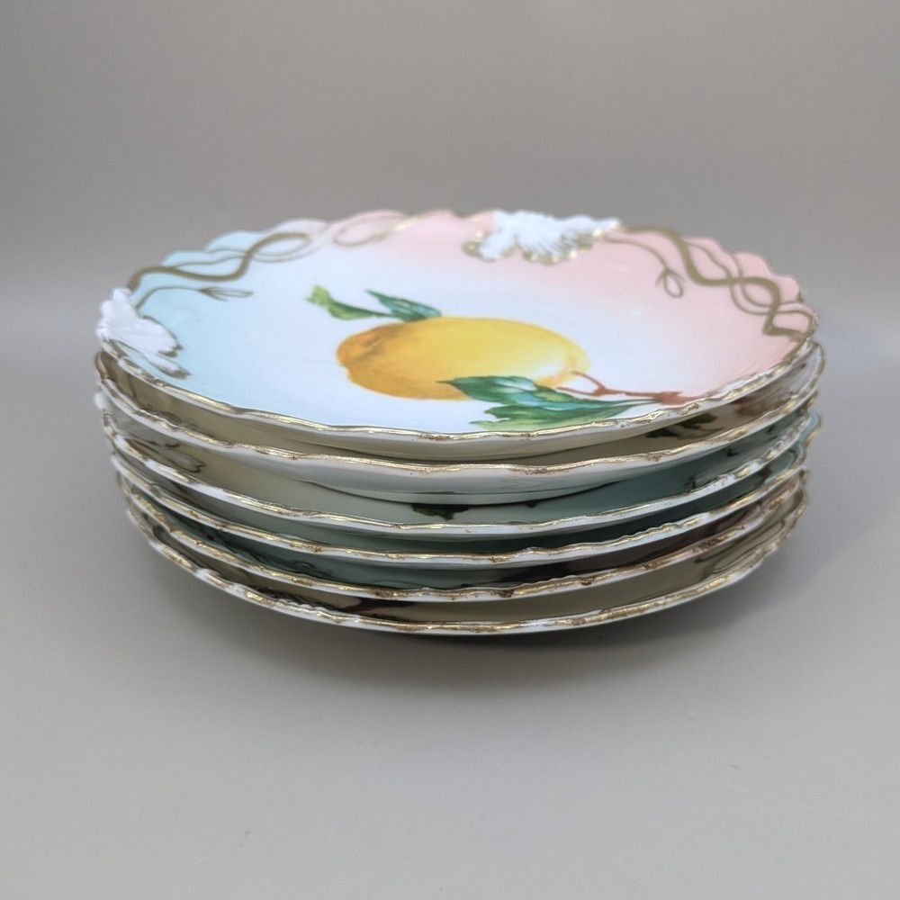 Antique Wheelock Vienna Austria Pomona Fruit Plates Set of 6 Gold Gilt Scalloped - Picture 9 of 13